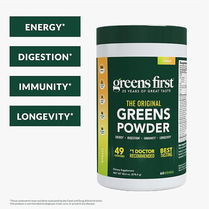 Greens First Original Greens Powder - 49 Superfoods - Organic Fruits & Veggies - Prebiotics, Probiotics & Digestive Enzymes - Antioxidant Smoothie - Dairy Free/Vegan/Non-GMO (Citrus, 60 Servings)