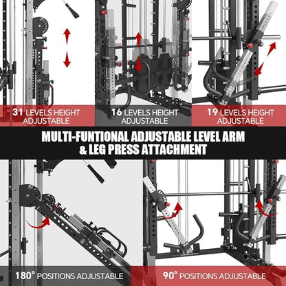 FAGUS Commercial Smithe Machine with 308lb Dual Weight Stacks, 4000LBS Power Cage Squat Rack with Lever Arm & Leg Press, Multi-Function Linear Bearing Cable Crossover Machine for Home Gym