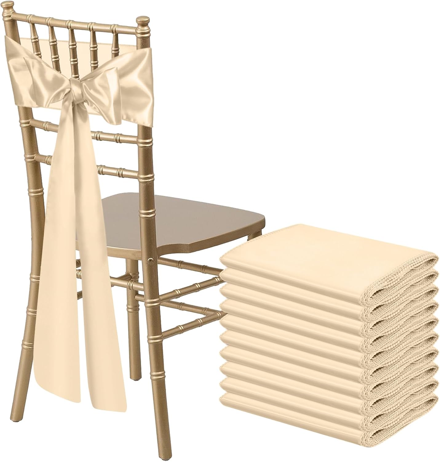 10 PCS Satin Chair Sashes Bows Universal Chair Ribbon Ties Back Sash for Wedding Party Reception Events Banquets Hotel Event Chair Cover Decoration (Champagne 7x108 inch)