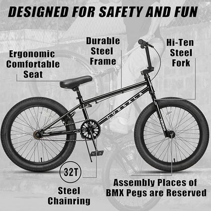 Freestyle BMX Bike, 18 20 Inch Kids Bicycle for 5-13 Years Old Kids and Beginner Level Rider, Multiple Colors
