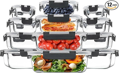 12 Pack Glass Food Storage Containers, Glass Storage Containers with Lids for Meal Prep, Lunch, Airtight, Freezer to Microwave Safe (12 Lids & 12 Containers)
