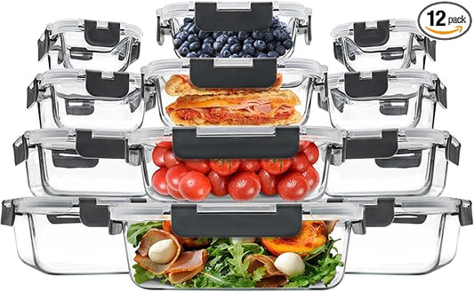 12 Pack Glass Food Storage Containers, Glass Storage Containers with Lids for Meal Prep, Lunch, Airtight, Freezer to Microwave Safe (12 Lids & 12 Containers)
