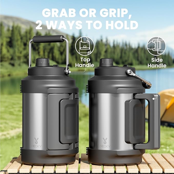 Meoky 1 Gallon Insulated Water Bottle for Travel 128 oz Triple Wall Vacuum Stainless Steel Water Jug - Top and Side Handles, Cold for 48 Hrs, 2-in-1 Straw and Spout Lid, Leak Proof for Work (Silver)