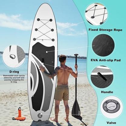 10' Inflatable Stand Up Paddle Board, Ultra-Light Wide Yoga Board for All Skill Levels with Premium SUP Paddleboard Accessories, 84L Waterproof Bag, Non-Slip Comfort Deck for Youth & Adults