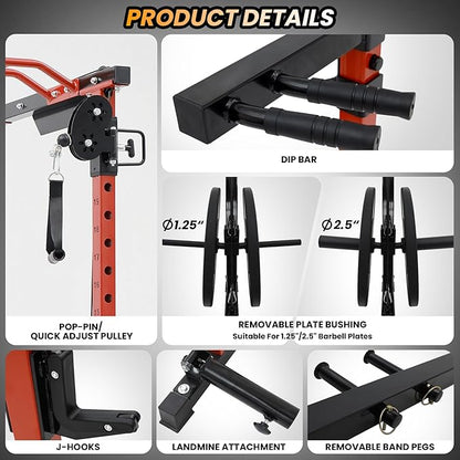 GaveeLife Power Cage, 2000 LBS Power Rack with Cable Cross-Over System, Multi-Functional Strength Training Squat Rack with LAT Pull Down System, Home Gym Equipment with Training Attachment, Red