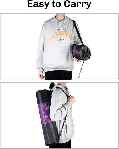 Instructional Travel Yoga Mat with 75 Poses & Exercises - Non-slip Exercise Mat for Home Workout, Includes Carrying Bag - Perfect for Beginners, 68"x24"x0.25"