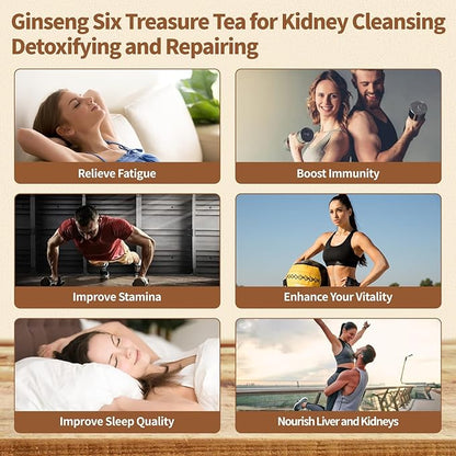 Kidney Tea Formula Ginseng Six Treasure Tea - Natural Chinese Traditional Herbal Ginseng Five Treasures Kidney Detox Cleanse Teabag For Men Women - 60 Bags
