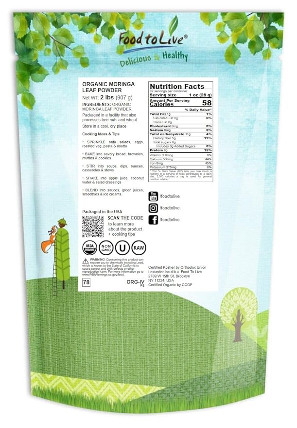 Food to Live Organic Moringa Powder, 2 Pounds — Rich in, Non-GMO, Ground Moringa Oleifera Leaf, Raw, Sun-Dried, Vegan, Bulk, Great for Drinks, Teas and Smoothies
