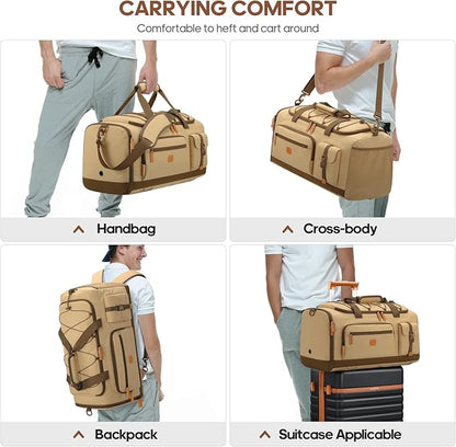 Gym Bag for Men and Women with Shoe & Laptop Compartment, 3-in-1 Sports Travel Duffel Bag Anti-Theft Weekender Carry-On Backpack for Airplane & Workout, Overnight Travel Bag,35L (Khaki, Medium)