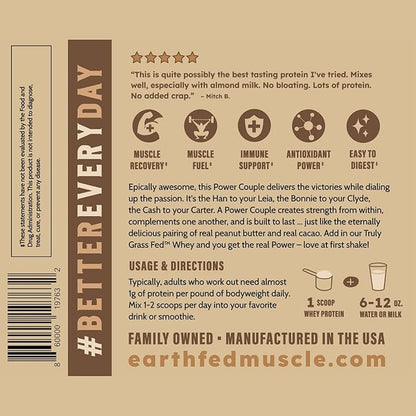 Earth Fed Muscle Power Couple Peanut Butter Chocolate Truly Grass Fed Whey Protein Isolate - NSF-Certified. No Artificial Ingredients, Soy Free, Gluten Free, Non-GMO & Hormone Free 26 Servings
