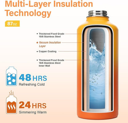 Insulated Water Bottle | Thickened Stainless Steel for Gym and Hiking with Straw, Carrier Bag, Handle Strap | BPA-Free 87 oz