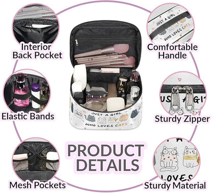Large Makeup Bag Travel Cosmetic Bags for Women Colorful Cute Cartoon Animal Cat Makeup Organizer Case Toiletry Bag for Girls Traveling Wide Open Portable Pouch with Handle