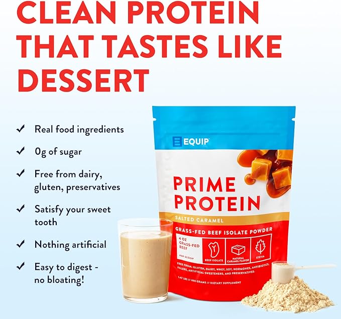 Equip Foods Prime Protein Powder | Clean, Grass Fed Beef Protein Isolate | Carnivore Protein Powder | Paleo, Keto Friendly | Gluten, Dairy Free | 30 Servings, Salted Caramel