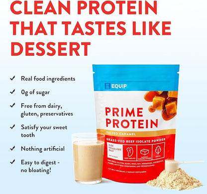Equip Foods Prime Protein Powder | Clean, Grass Fed Beef Protein Isolate | Carnivore Protein Powder | Paleo, Keto Friendly | Gluten, Dairy Free | 30 Servings, Salted Caramel