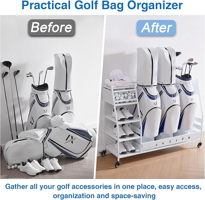 Lauren&Harold Golf Bag Organizer Garage Storage, Golf Storage Rack Stand Fits 2 Golf Bags, Golf Clubs and Other Golfing Equipment Accessories, Golf Organizer for Garage, Club, Shed, Basement