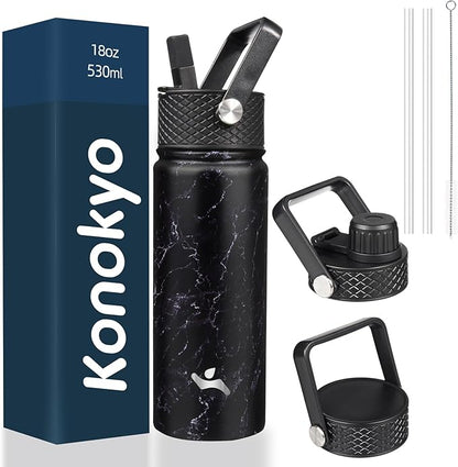 18 oz Insulated Water Bottle Stainless Steel Sport Bottles with 3 Lids,Marble Midnight