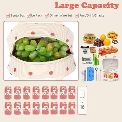 FlowFly Insulated Lunch Bag for Women – Corduroy Lunch Tote Box, Cute Cooler Bag for Work, Travel, Picnic, Corduroy Strawberries Beige