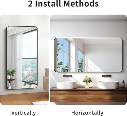 30x60 inch Bathroom Mirror,Black Rectangle Mirror,Wall Mounted Bathroom Frame Vanity Mirror with Round Corner for Bedroom Living Room, Entryway Hangs Horizontal or Vertical