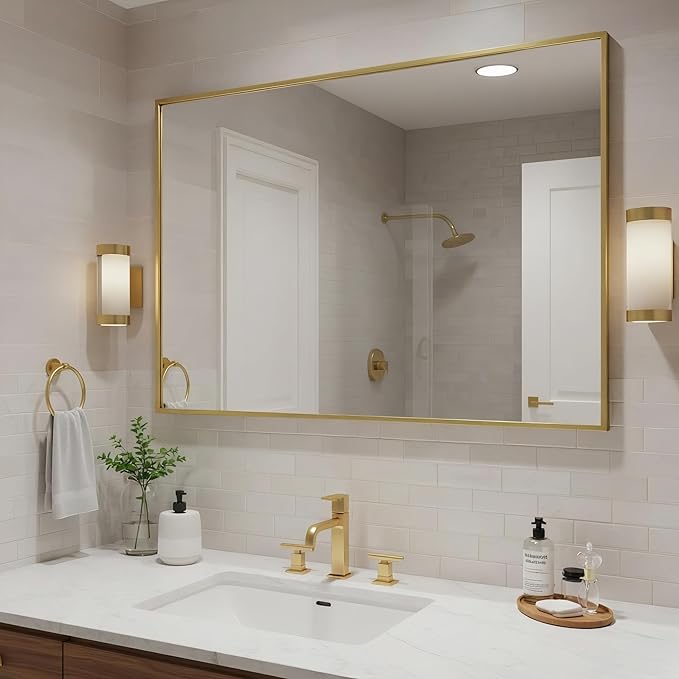 27x40 Inch Brass Bathroom Mirror for Wall, Aluminum Frame Rectangle Rectangular Vanity Mirror, Modern Large for Bedroom, Living Room, Horizontal or Vertical