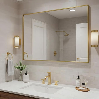 27x40 Inch Brass Bathroom Mirror for Wall, Aluminum Frame Rectangle Rectangular Vanity Mirror, Modern Large for Bedroom, Living Room, Horizontal or Vertical