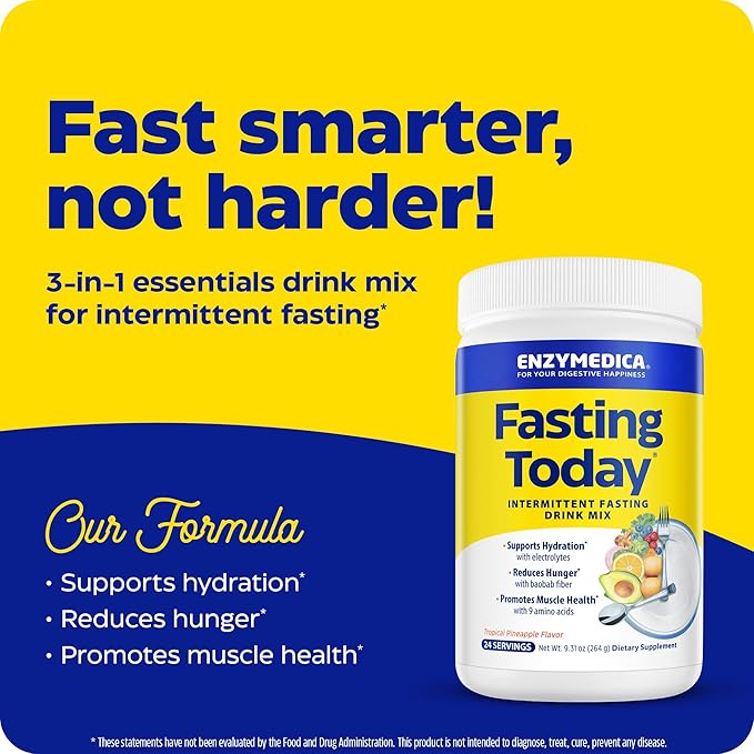Enzymedica, Fasting Today, Intermittent Fasting Drink Mix with Electrolyte Powder Supplement for Hydration, Appetite and Muscle Health, Keto Friendly, Tropical Pineapple Flavor, 24 Servings