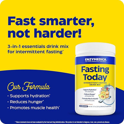 Enzymedica, Fasting Today, Intermittent Fasting Drink Mix with Electrolyte Powder Supplement for Hydration, Appetite and Muscle Health, Keto Friendly, Tropical Pineapple Flavor, 24 Servings