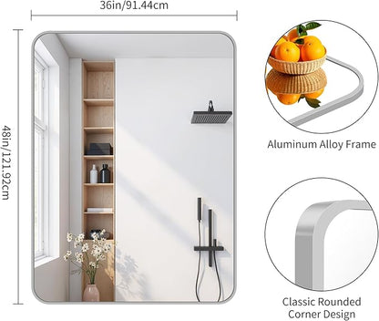 FORBATH 40x48 Inch Silver Bathroom Mirror for Over Sink, Large Rectangular Wall Mirror with Metal Frame, Rounded Corners for Bathroom, Bedroom, Entryway Decor (Horizontal or Vertical)