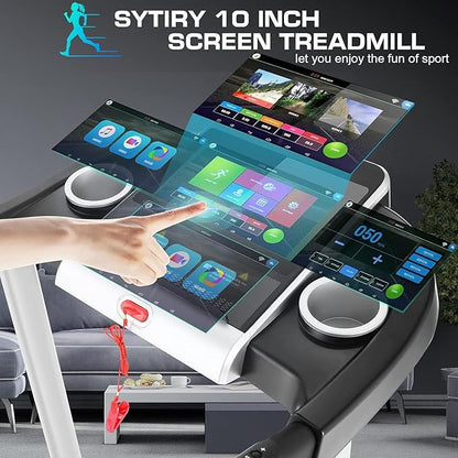 SYTIRY Treadmill with Touch Screen,3.25HP Treadmills for Home with TV and WiFi,Smart Foldable Treadmill with Music,3D Virtual Sports Scene,Popular APP for Social Networking,Walking/Running Machine