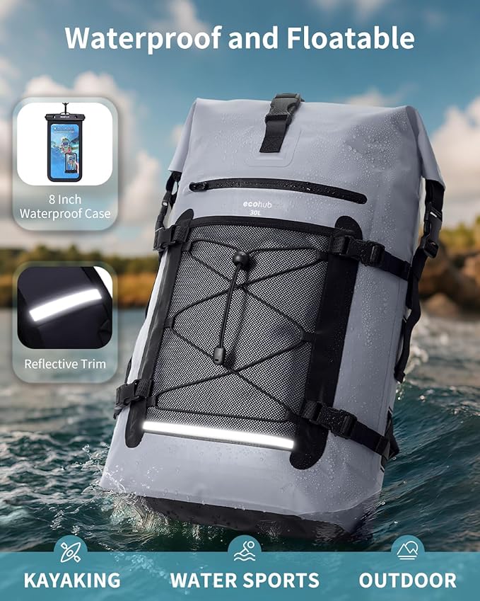 ECOHUB Waterproof Backpack for Women Men, 30L Roll-Top Closure Heavy Duty Dry Bag for Travel with IPX8 Waterproof Phone Case