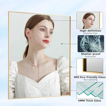 30x30 Inch Orange Gold Bathroom Mirror for Wall, Aluminum Frame Rectangle Rectangular Vanity Mirror, Modern Large for Bedroom, Living Room, Horizontal or Vertical