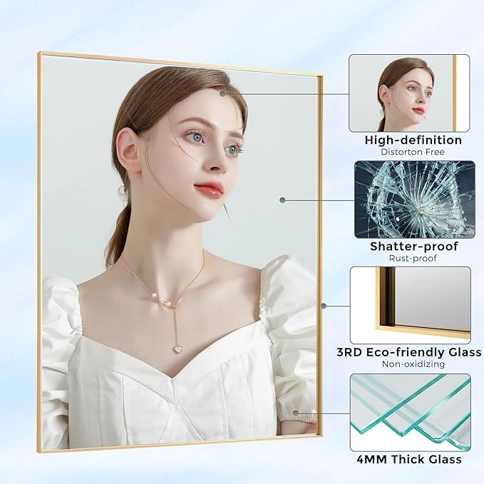 30x48 Inch Orange Gold Bathroom Mirror for Wall, Aluminum Frame Rectangle Rectangular Vanity Mirror, Modern Large for Bedroom, Living Room, Horizontal or Vertical