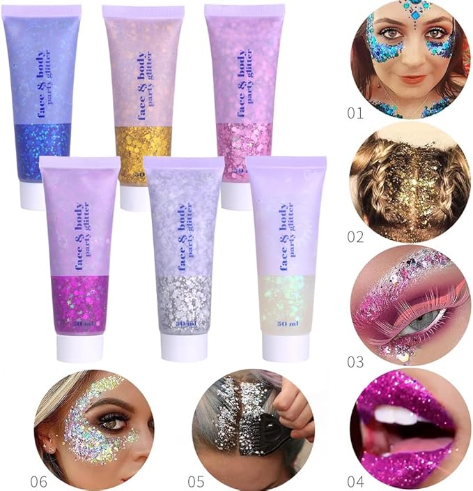 Blue Face Glitter,Sparkling Neon Outfit Party Holographic Sequins Paint Body Glitter Gel Makeup.(01# Blue)
