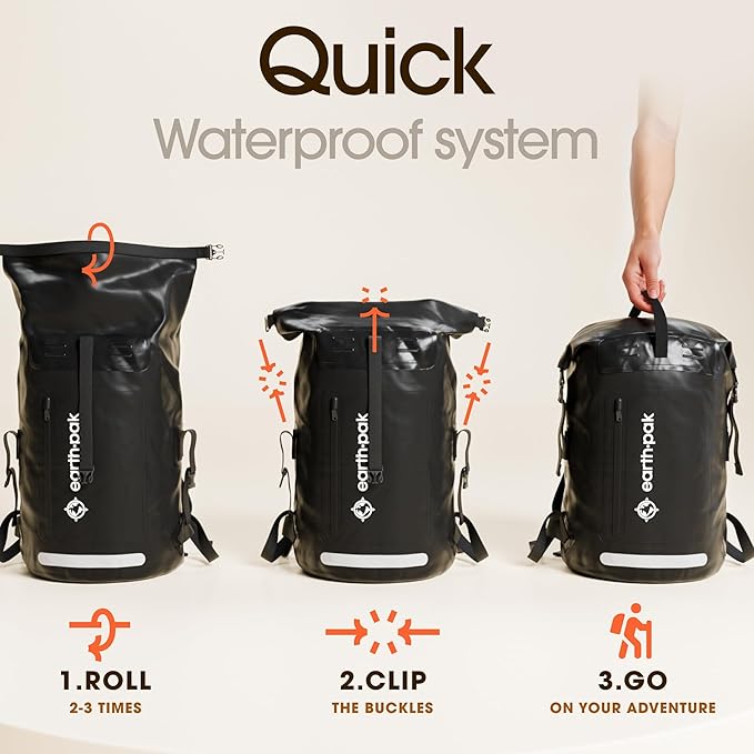 Earth Pak Waterproof Backpack - Heavy Duty Hiking Backpack - Roll-Top Closure Bag - Cushioned Dry Bag Waterproof Phone Case