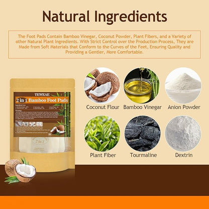 2 in 1 Foot Pads, Bamboo Vinegar Coconut Shell Powder Foot Pads with ''Stay in Place'' Bigger Adhesive Sheet(10 Pads)
