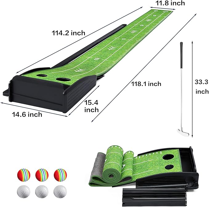 Golf Putting Green Mat with Putter and 6 Balls, Putting Practice Mat with Auto Ball Return for Home, Office, Backyard, Indoor, Outdoor Use