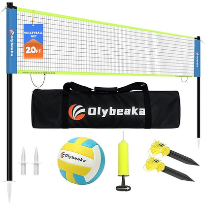 20FT Outdoor Volleyball Net Set System for Backyard Beach with Anti-Sagging Net, Iron Adjustable Height Poles, Soft PU Volleyball and Pump, Carry Bag - Instant Set Up & Durable