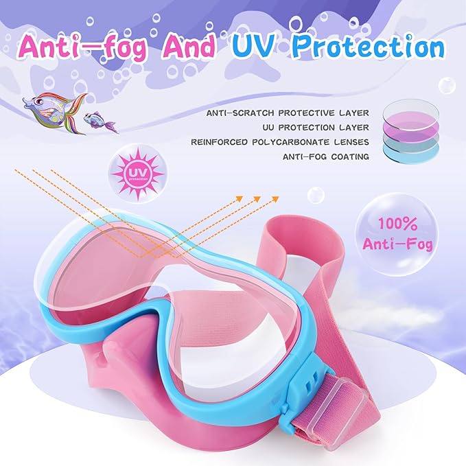 Kids Swim Goggles with Nose Cover, Anti-Leak Swim Mask with Elastic Fabric Strap, UV Protection Swimming Goggles for Kids