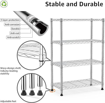 1000 lbs Storage Shelving Steel Heavy Duty 4-Tier Utility Shelving Unit Steel Organizer Wire Rack for Home,Kitchen,Office,Chrome (13.7" D x 29.5" W x 47.2" H)