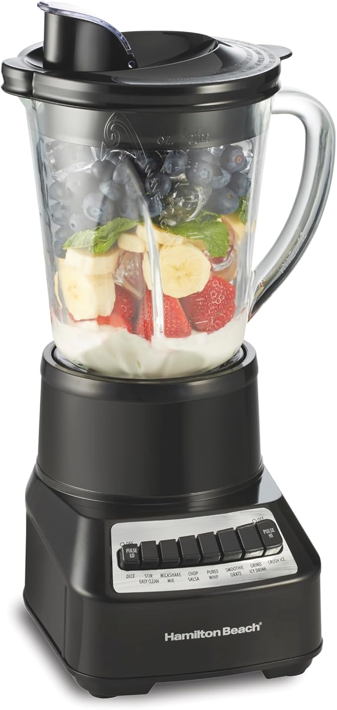 Hamilton Beach Wave Crusher Blender for Smoothies With 40 Oz Glass Jar and 14 Functions, Ice Sabre Blades & 700 Watts for Consistently Smooth Results, Black & Stainless Steel (54220)