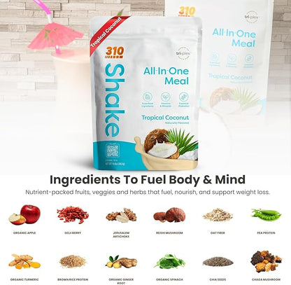 310 Nutrition All-In-One Meal Replacement Shake Powder - Plant-Based Protein Smoothie Blend w/High Fiber, Probiotics & Adaptogens - Low Carb, Vegan, Keto & Paleo Friendly - Tropical Coconut - 14 Srv