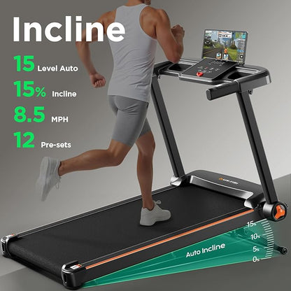 Treadmill with 0-15% Auto Incline, 3.5HP Quiet Brushless Foldable Treadmills for Home, Small Space Portable Running Walking Machine, 300 Lbs Capacity with Bluetooth APP & Pulse Monitor