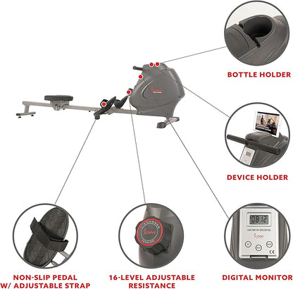 Sunny Health & Fitness Magnetic Rowing Machine for Home Exercise, Quiet & Smooth Rower with Compact Storage and Optional Free SunnyFit App Connectivity