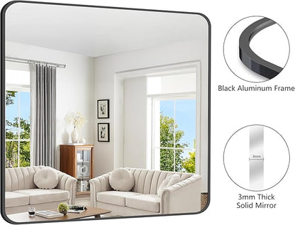 FORBATH Bathroom Mirror 42x42 Inch, Large Square Vanity Mirror with Black Aluminum Frame Rounded Corner, Wall Mounted Mirror for Bathroom Bedroom Entryway Living Room Home Decoration