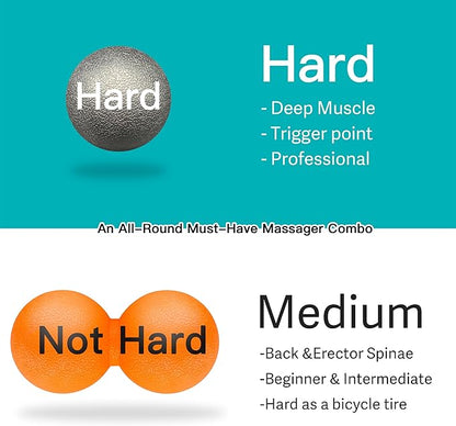 Hard Lacrosse Ball + Soft Peanut Massage Ball Set – Deep Tissue & Trigger Point Tool for Plantar Fasciitis Relief, QL, Iliacus, Glutes, Neck, Hamstrings, Hip Flexors & Myofascial Release