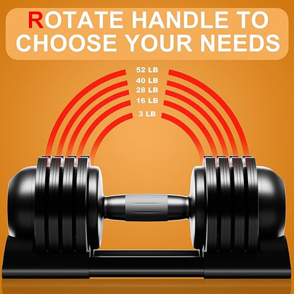 Adjustable Dumbbell,22LBS 44LBS 52LBS Dumbbell Set with Tray for Fitness, Fast Adjust Weight by Turning Anti-Slip Handle, Safety with 8 Lock Slots, Suitable for Men and Women