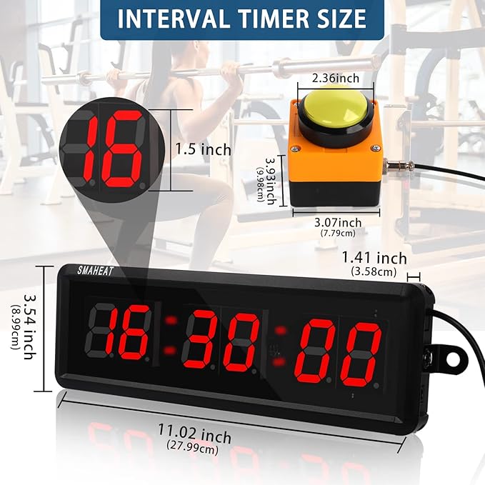Fitness Timer with Stopwatch Button, Suitable for School/exam/Home Exercise/Gym/Gym SMAHEAT Electronic Fitness Timer (1.5 inch six-Digit All-red)