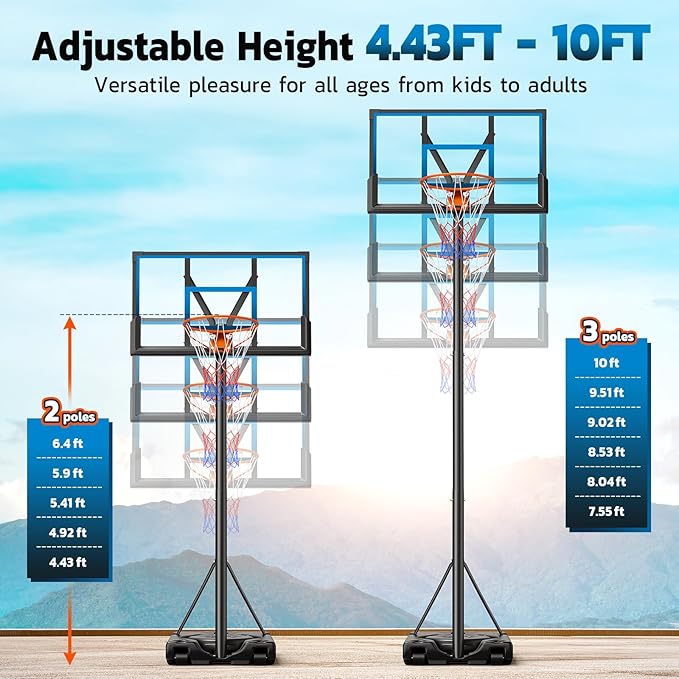 46" 10FT Basketball Hoop Outdoor - Portable Basketball Goal Adjustable Hoops & Goals with Solid Steel Rim & Extra-Large Base for Kids/Youth/Teens/Adults Outdoor
