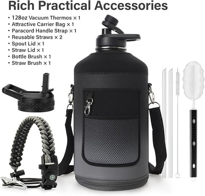 1 Gallon Water Bottle Insulated | Thickened Stainless Steel Vacuum Metal Water Jug | Portable Sports Large for Gym and Hiking with Straw, Carrier Bag, Handle Strap | BPA-Free 128 oz