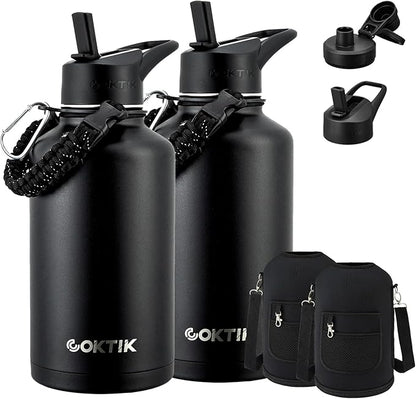 Half Gallon Insulated Water Bottle, 64 oz Triple Wall Stainless Steel Flask, Keeps Drinks Cold for 48 Hrs Leak-Proof & BPA-Free Half Gallon Jug with Paracord Handle, Straw & Spout Lids(2 pack,Black)