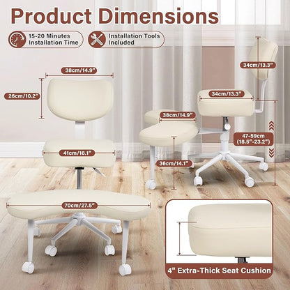 Meditation Chair Cross Legged ADHD Office Chair for Adults with Wheels Ergonomic Back Support and Leg Rest for Multi Position Criss Cross Sitting Kneeling and Yoga Height Adjustable, Leather Style